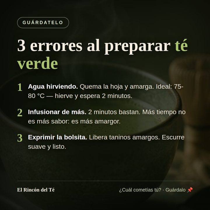 Ejemplo de publicación de consejo: tres errores al preparar té verde sobre fotografía oscura de un bol