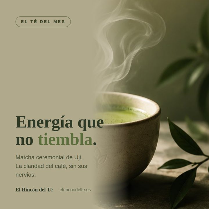Ejemplo de publicación de producto en Instagram: taza de matcha humeante con el titular Energía que no tiembla