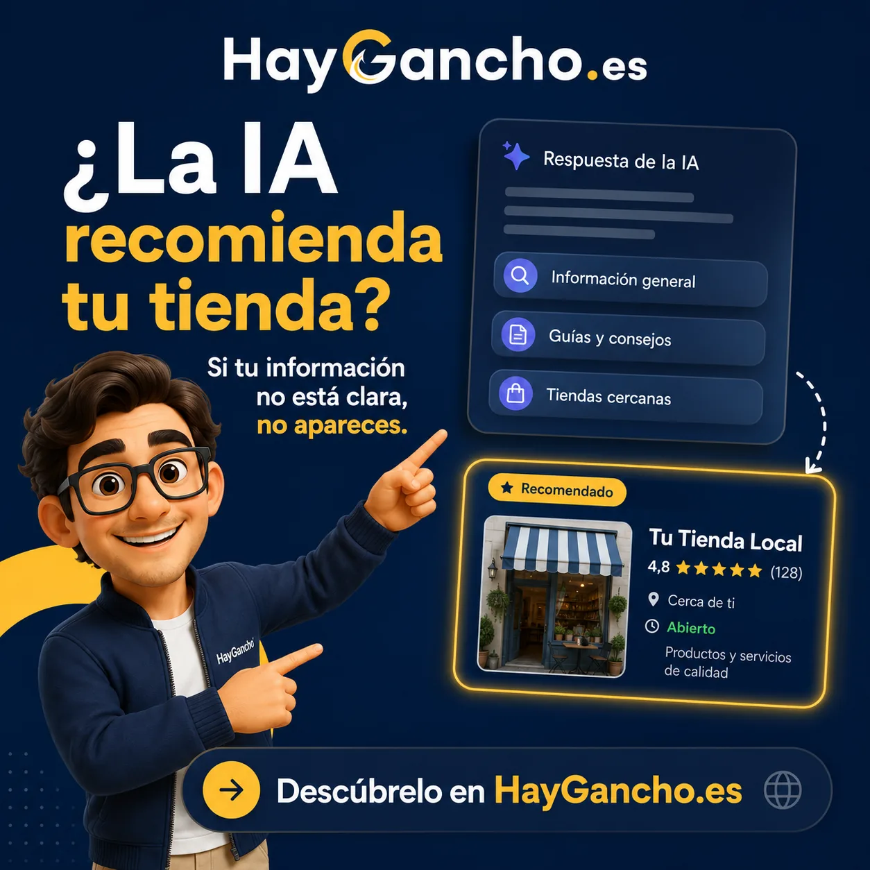 Ganchi mostrando cómo el nombre de una tienda aparece en la respuesta de un asistente de IA