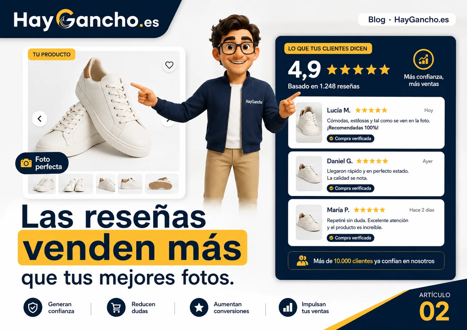 Ganchi comparando un contador de seguidores con un puñado de reseñas reales de clientes
