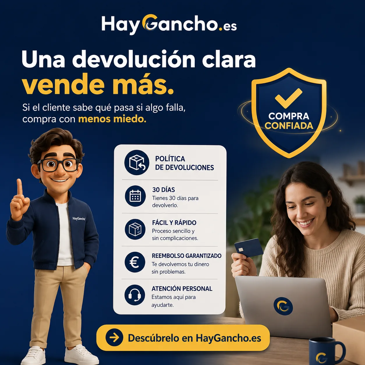 Ganchi sosteniendo una caja con una etiqueta de devolución, con gesto tranquilizador