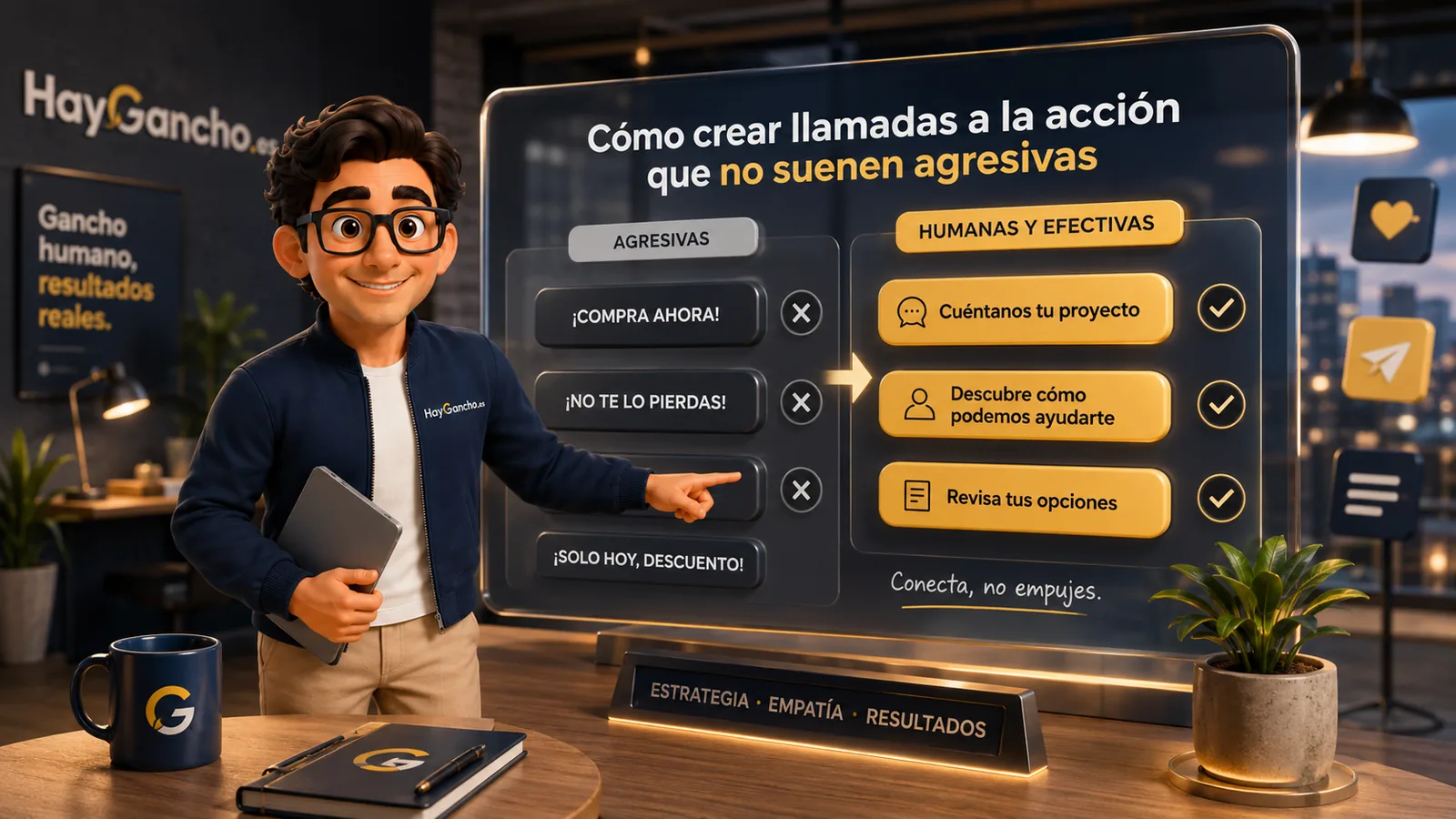 Ganchi comparando llamadas a la acción agresivas frente a opciones más humanas