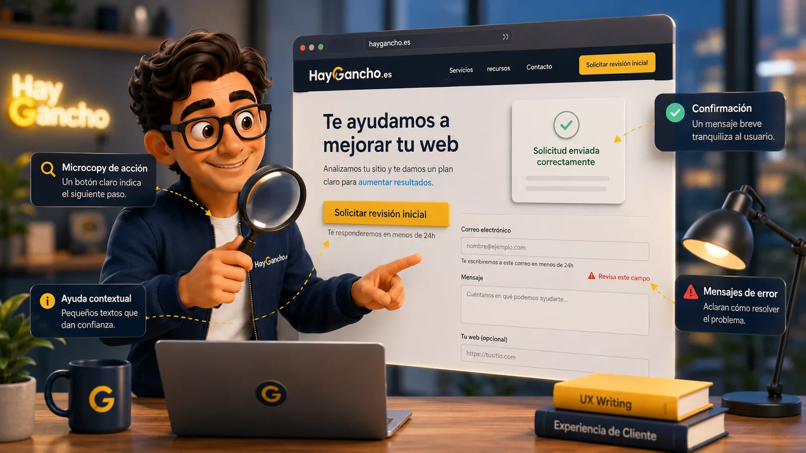 Ganchi revisando pequeños textos de interfaz que mejoran la experiencia del cliente