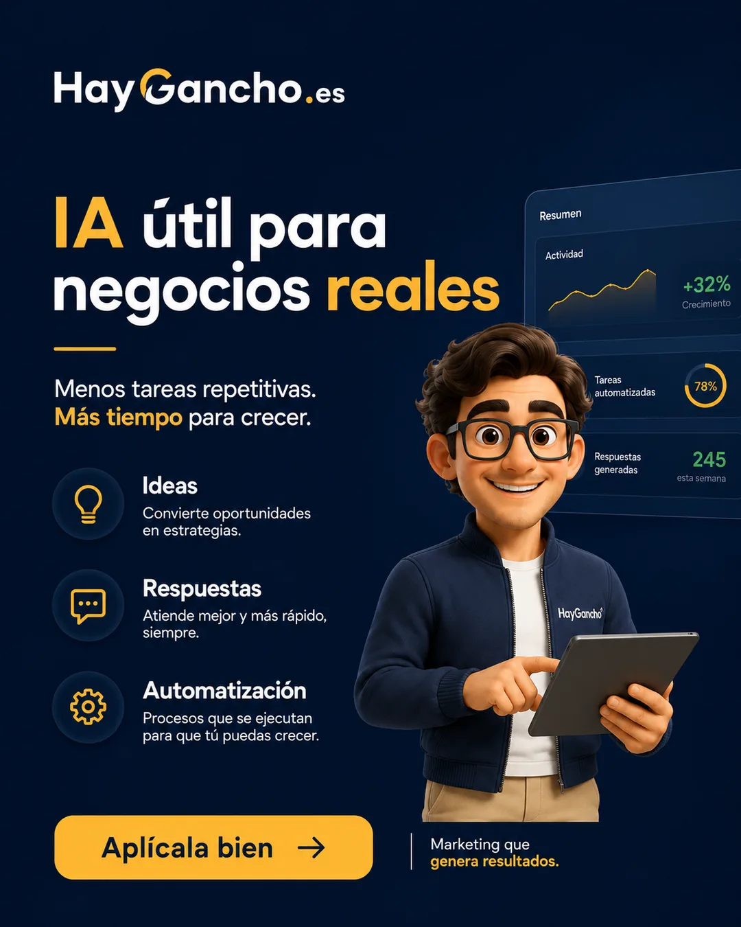 Ganchi usando una tablet con métricas de IA aplicada a negocios reales